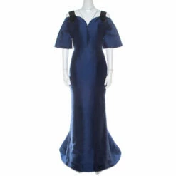 Carolina Herrera Navy Blue Silk Blend Embellished Strap Evening Gown S Women