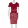 Carolina Herrera Red Textured Wool Short Sleeve Pencil Dress M Women