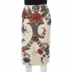 Carolina Herrera Beige Felted Wool Floral Print Sheath Skirt M Women