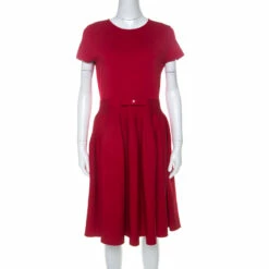 CH Carolina Herrera Red Stretch Knit Bow Detail A Line Skater Dress M Women