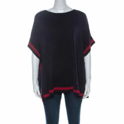 CH Carolina Herrera Navy Blue Rib Knit Contrast Striped Kaftan Top S Women