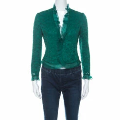 Carolina Herrera Green Lace & Silk Ruffle Trimmed Crystal Button Jacket S Women