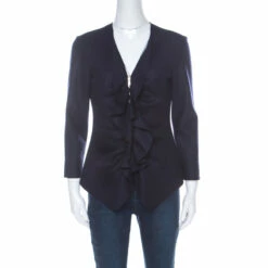 CH Carolina Herrera Navy Blue Fleece Wool Ruffle Detail Zip Front Jacket M Women