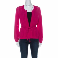 Carolina Herrera Fuschia Pink Crochet Knit Belted Cardigan S Women
