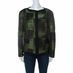 Carolina Herrera Green And Black Jacquard Button Front Jacket XL Women