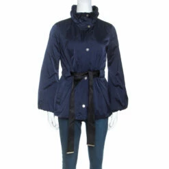 Carolina Herrera Navy Blue Ruched Collar Belted Puffer Jacket XS Women