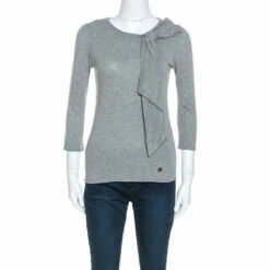 Carolina Herrera Grey Wool Blend Jersey Bow Detail Top XS Women