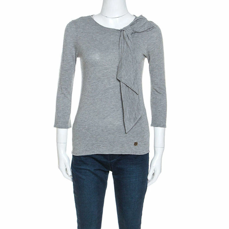 Carolina Herrera Grey Wool Blend Jersey Bow Detail Top XS Women