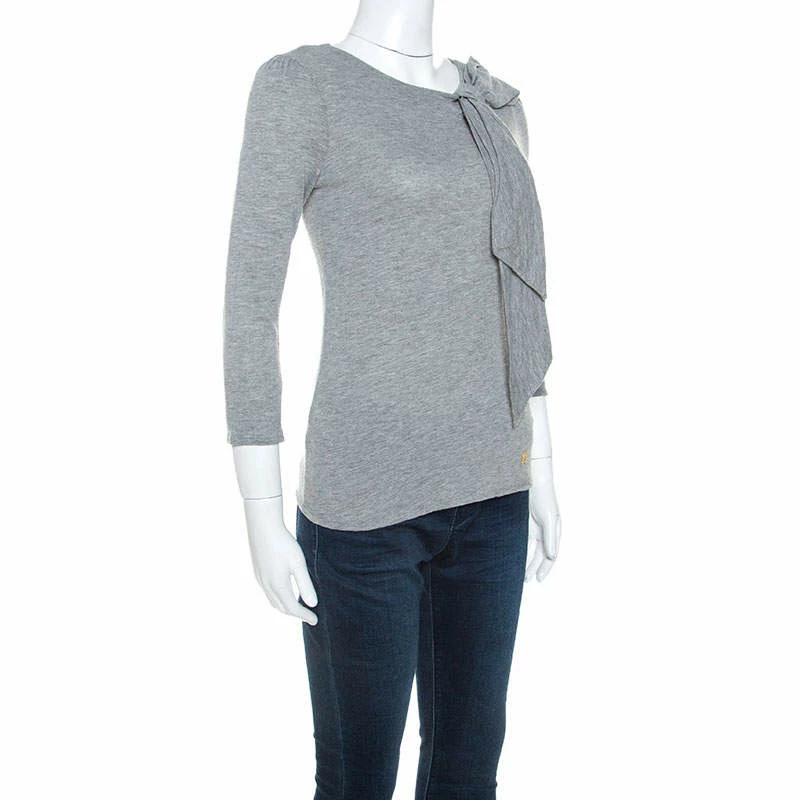 Carolina Herrera Grey Wool Blend Jersey Bow Detail Top XS Women