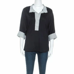 Carolina Herrera Navy Blue Jersey Contrast Trim Dolman Sleeve Top M Women