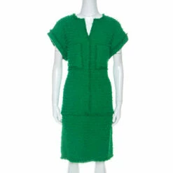 CH Carolina Herrera Green Boucle Knit Drop Waist Dress M Women