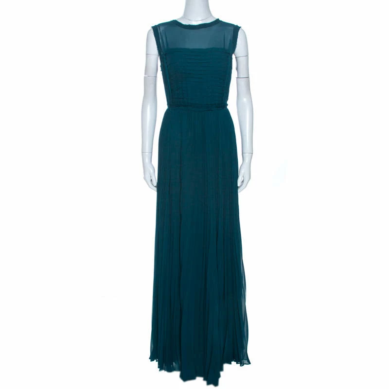 CH Carolina Herrera Green Crepe Pleated Sleeveless Maxi Dress L Women
