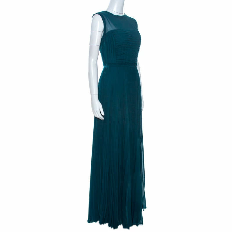 CH Carolina Herrera Green Crepe Pleated Sleeveless Maxi Dress L Women