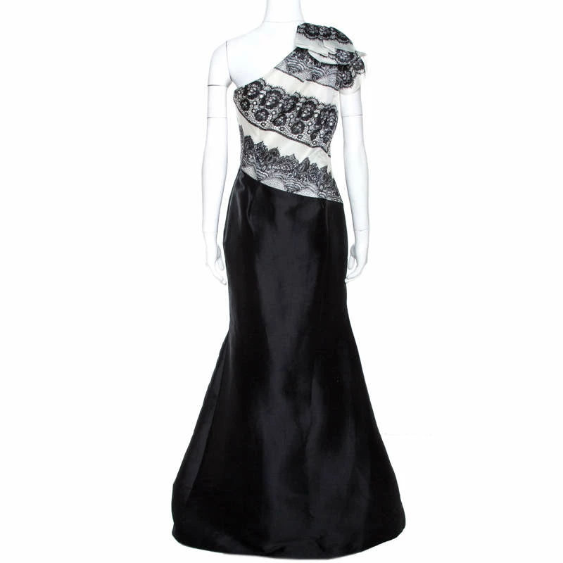 Carolina Herrera Monochrome Lace Print Silk One Shoulder Evening Gown M Women - Black