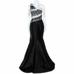 Carolina Herrera Monochrome Lace Print Silk One Shoulder Evening Gown M Women - Black