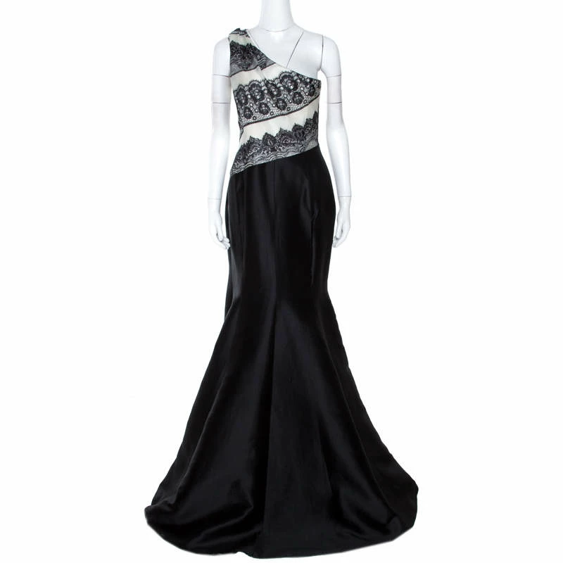 Carolina Herrera Monochrome Lace Print Silk One Shoulder Evening Gown M Women - Black