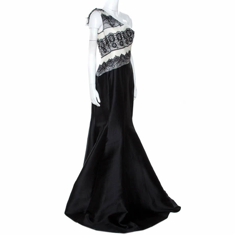 Carolina Herrera Monochrome Lace Print Silk One Shoulder Evening Gown M Women - Black