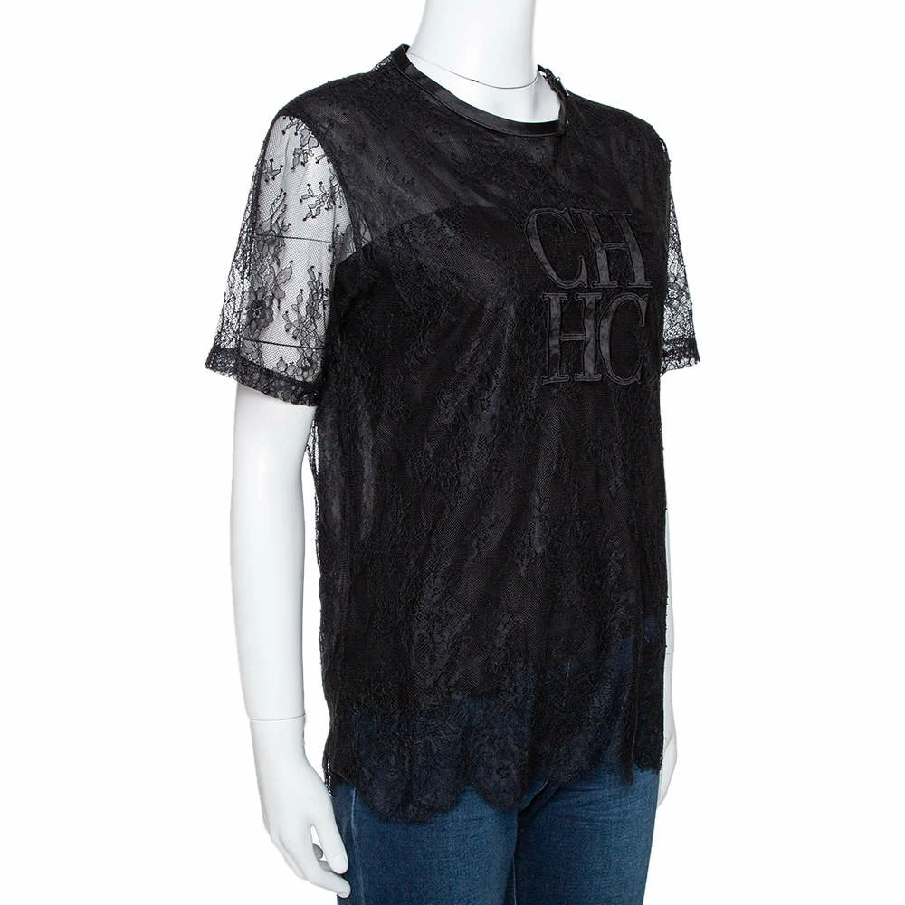 CH Carolina Herrera Black Lace Logo Applique Crew Neck Short Sleeve Top XS Women