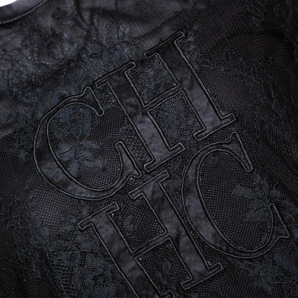 CH Carolina Herrera Black Lace Logo Applique Crew Neck Short Sleeve Top XS Women