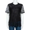 CH Carolina Herrera Black Lace Logo Applique Crew Neck Short Sleeve Top XS Women