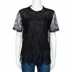 CH Carolina Herrera Black Lace Logo Applique Crew Neck Short Sleeve Top XS Women