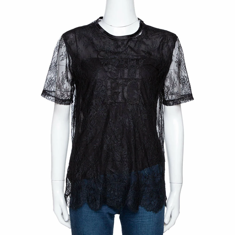 CH Carolina Herrera Black Lace Logo Applique Crew Neck Short Sleeve Top XS Women