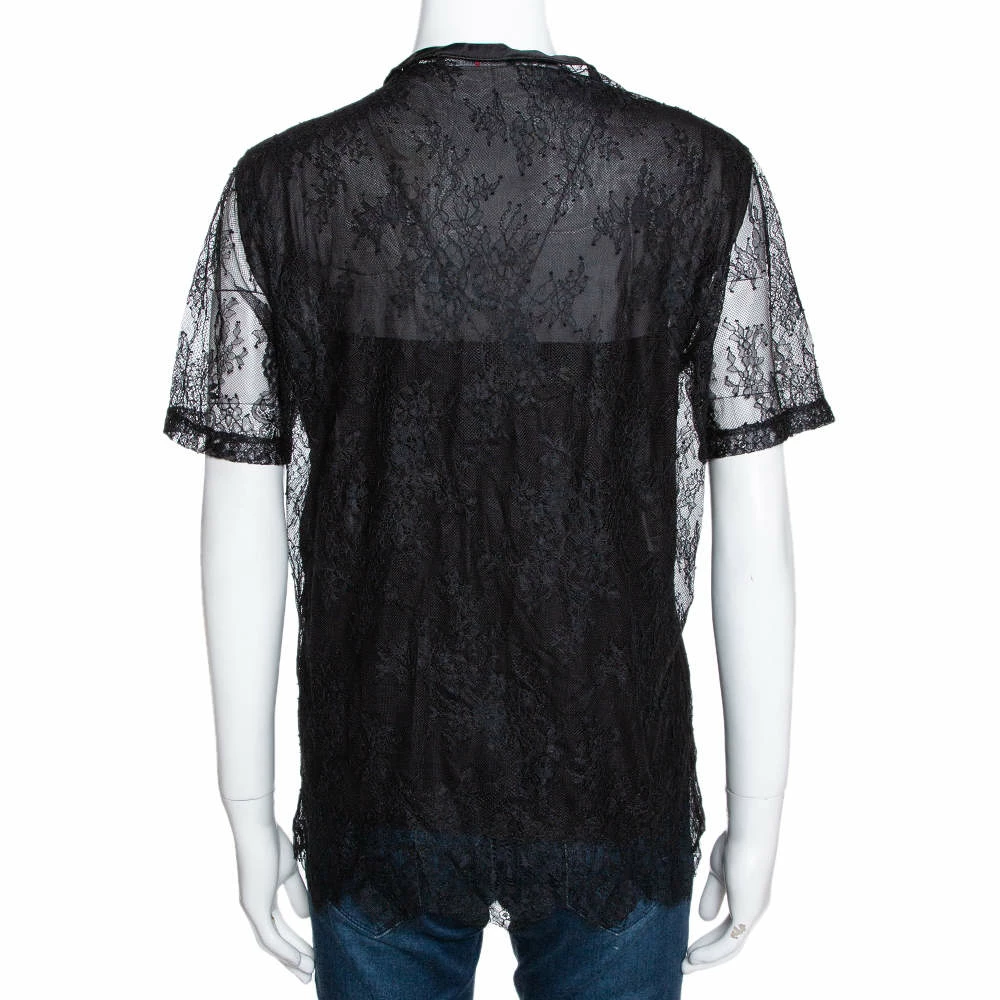 CH Carolina Herrera Black Lace Logo Applique Crew Neck Short Sleeve Top XS Women