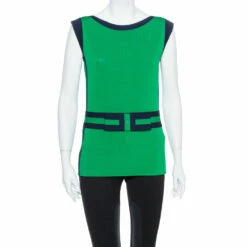 CH Carolina Herrera Green Knit Contrast Trim Bow Detail Sleeveless Top M Women