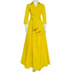 CH Carolina Herrera Yellow Pleated Maxi Wrap Dress S Women