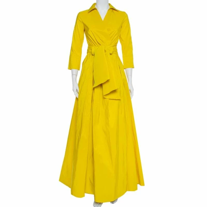 CH Carolina Herrera Yellow Pleated Maxi Wrap Dress S Women