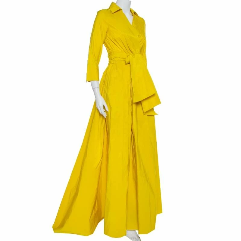 CH Carolina Herrera Yellow Pleated Maxi Wrap Dress S Women