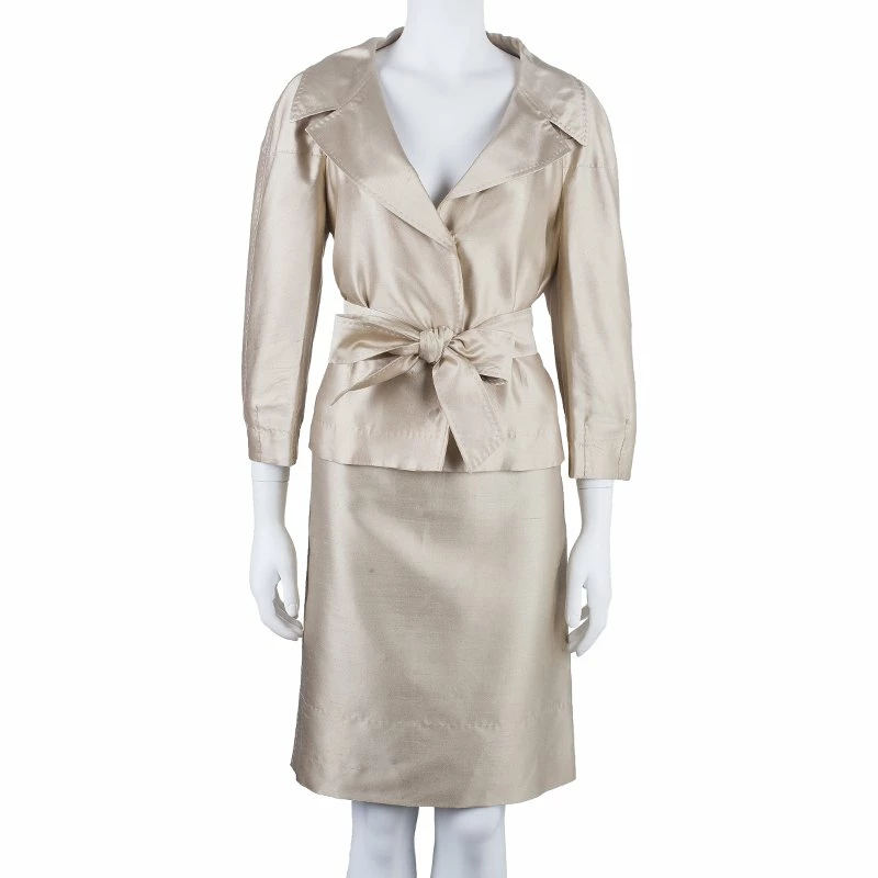 Carolina Herrera Beige Silk Skirt Suit L Women