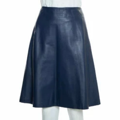 Carolina Herrera Navy Blue Leather A-Line Skirt L Women