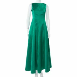 CH Carolina Herrera Green Satin Open Back Sleeveless Gown S Women
