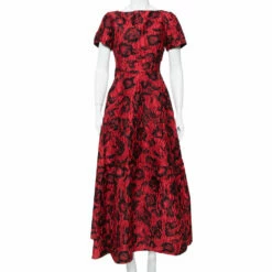 CH Carolina Herrera Red & Black Floral Crinkled Brocade Flared Maxi Dress L Women