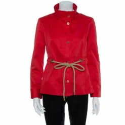 CH Carolina Herrera Vintage Red Cotton Zipper Front Waist Tie Detail Jacket M Women
