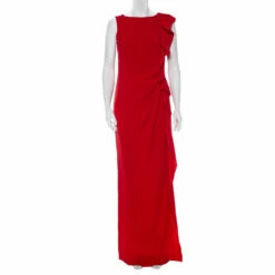 CH Carolina Herrera Red Crepe Ruffled Detail Sleeveless Maxi Dress M Women