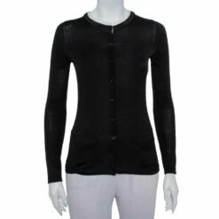Carolina Herrera Black Knit Contrast Neck Detail Button Front Cardigan XS Women
