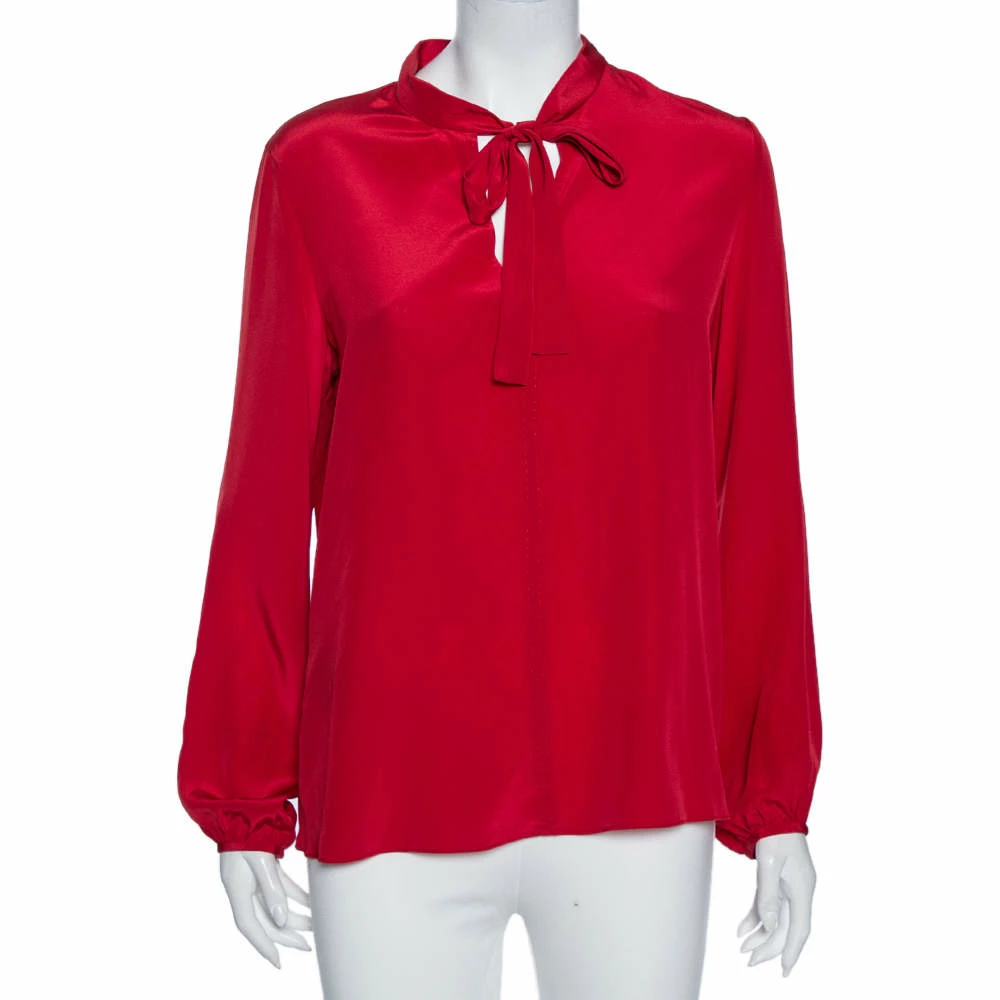 Carolina Herrera Red Silk Neck Tie Detail Blouse M Women