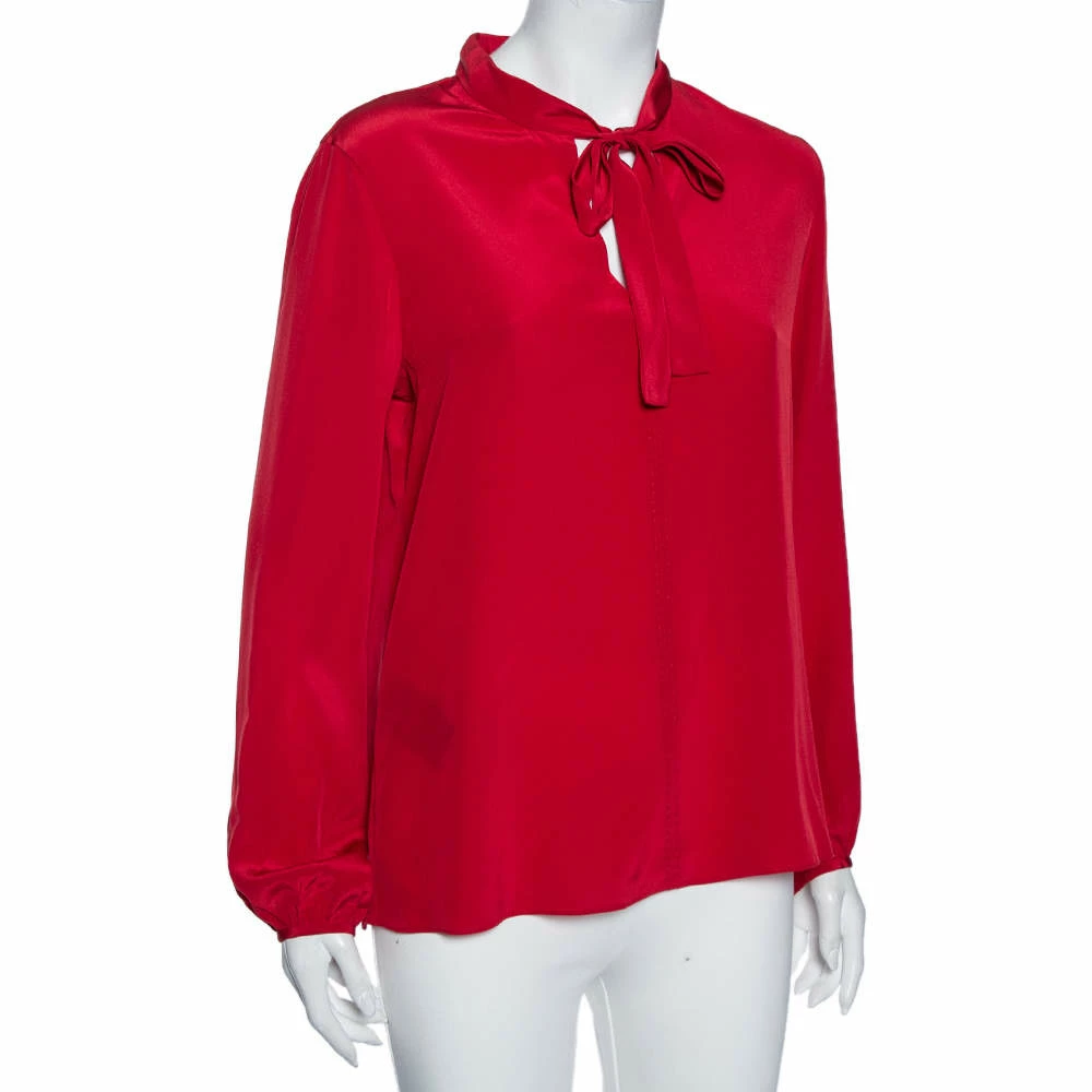 Carolina Herrera Red Silk Neck Tie Detail Blouse M Women