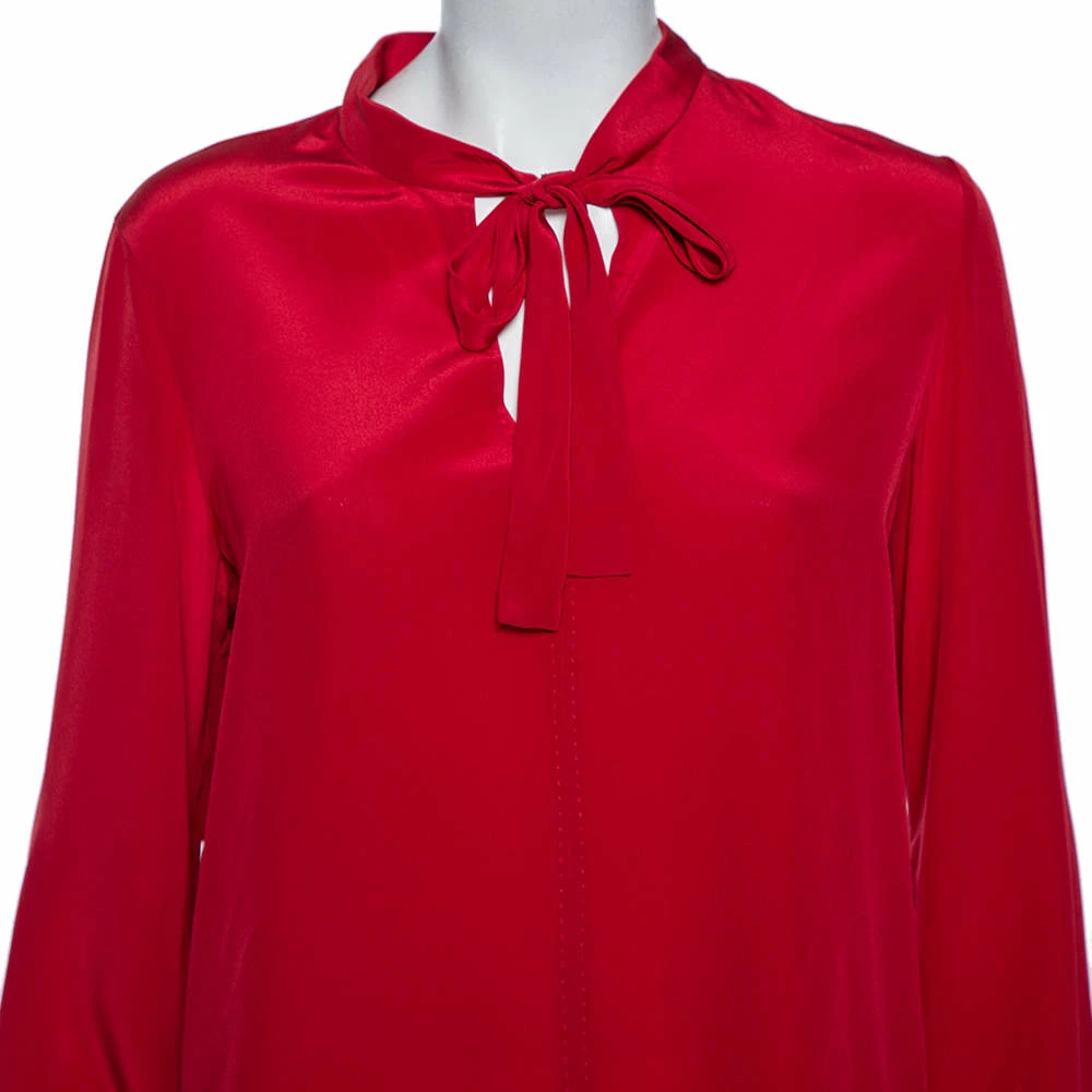 Carolina Herrera Red Silk Neck Tie Detail Blouse M Women