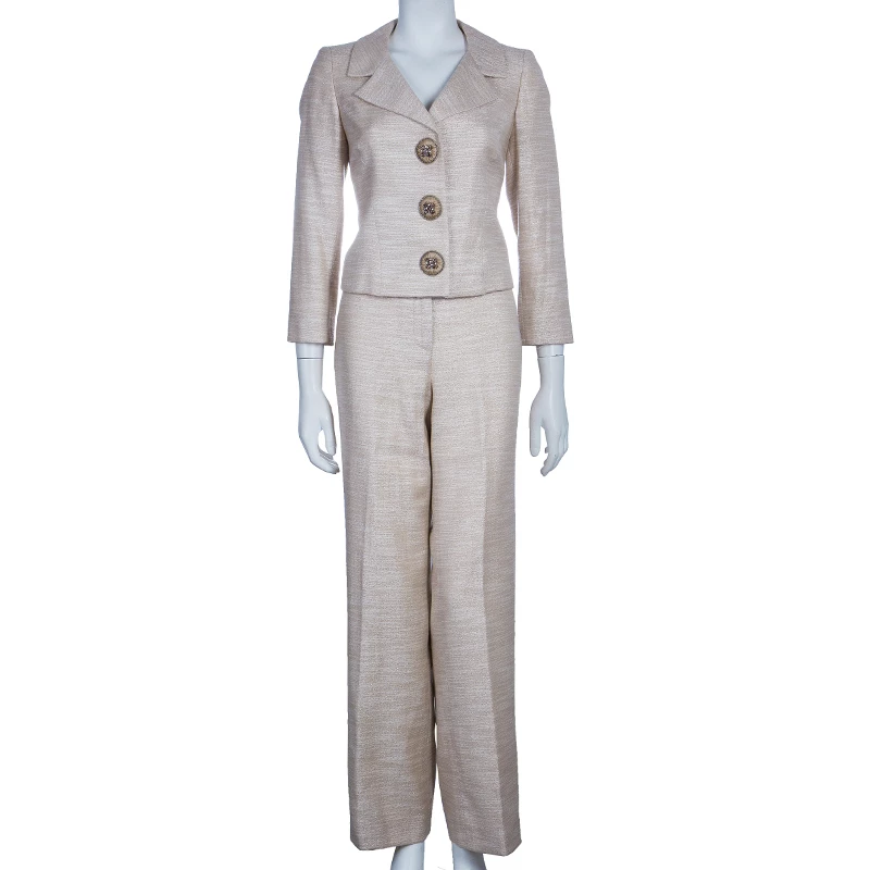 Carolina Herrera Beige Metallic Pant Suit M Women 2 Carolina Herrera Beige Metallic Pant Suit M Women - Image 2