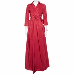 CH Carolina Herrera Red Cache-Coeur Taffeta Shirt-Dress Evening Gown S Women