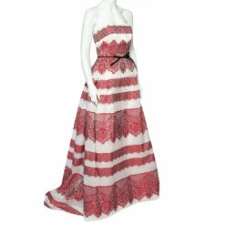 Alternative view of Carolina Herrera Red Striped Lace Embroidered Organza Bow Detail Strapless Gown M Women
