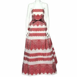 Carolina Herrera Red Striped Lace Embroidered Organza Bow Detail Strapless Gown M Women