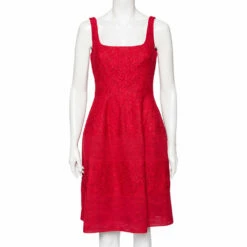Carolina Herrera Red Lace & Mesh Paneled Sleeveless Flared Dress S Women