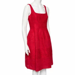 Alternative view of Carolina Herrera Red Lace & Mesh Paneled Sleeveless Flared Dress S Women