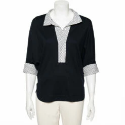 Carolina Herrera Navy Blue Jersey Contrast Trim Dolman Sleeve Top XS Women