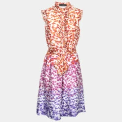 CH Carolina Herrera Multicolor Floral Printed Silk Ruffle Detail Belted Mini Dress M Women