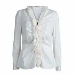 Carolina Herrera White Ruffle Detail Long Sleeve Top L Women